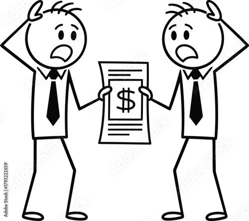 Two distressed stick figure businessmen holding a bill with a dollar sign expressing shock and concern over financial problems