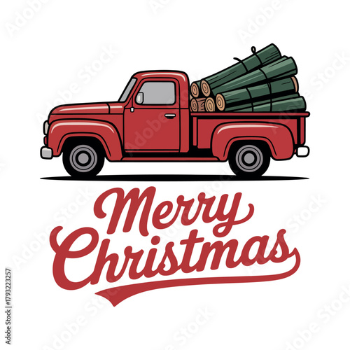 Vintage red truck carrying Christmas logs with Merry Christmas text below.