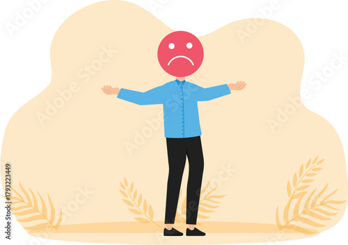 stress burden and anxiety or negative thinking, anger or emotional cause problems, overworked or over stress, mental health or depression, Businessman holding card with bad face.
