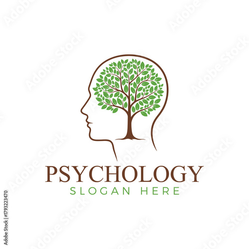 Psychology logo with tree in head brain tree logo design mental health, mind and awareness vector concept psychologist logo