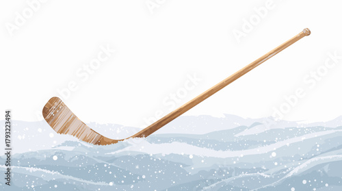 Vintage hockey stick resting in deep winter snow hockey stick in snow
