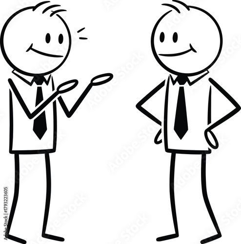 Two stick figure businessmen in suits engaged in a lively conversation one gesturing with open hands to explain an idea