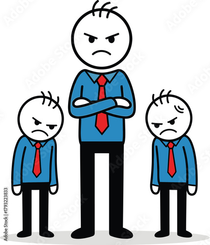 Angry father figure standing between two sad children showing disappointment and frustration in a simple cartoon style