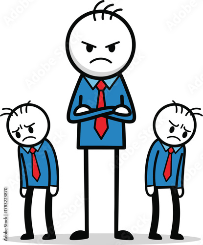 Angry boss standing over two sad employees showing disappointment and frustration in a simple cartoon style