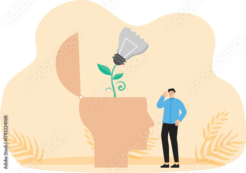 Not inspired or motivated after business failure, tired or exhausted by crisis, no new inspiration ideas or concepts, depressed man sitting with broken light bulb idea behind him
