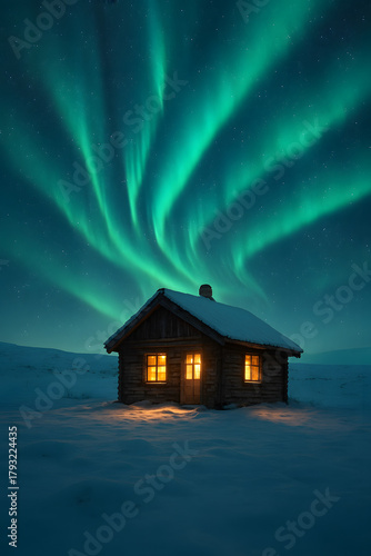 Cozy wooden cabin under vibrant aurora borealis in winter night