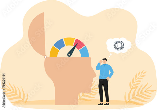 stressful work and focus on work, stressed businessman with a big head indicator. Deadline pressure and stressful work
