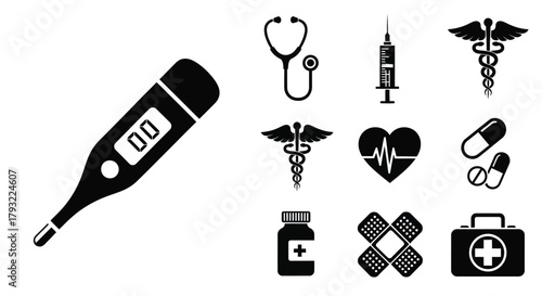 Black medical icons depicting healthcare tools including a stethoscope and pills