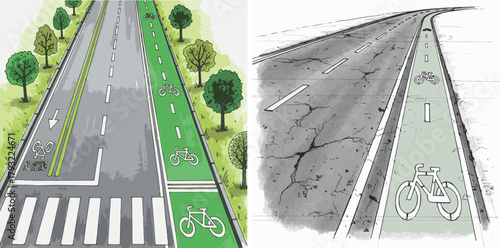 Road illustration showcasing road with dedicated bike lane options