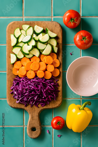Fresh colorful chopped vegetables for healthy cooking on a board.