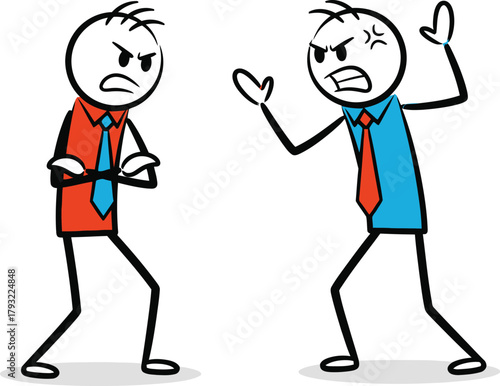 Two angry stick figure businessmen arguing aggressively with raised fists and shouting expressions on white background