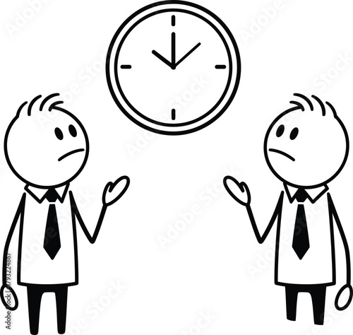Two stick figure businessmen look concerned at a clock overhead symbolizing time pressure deadlines and work stress