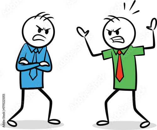 Two angry stick figures arguing with each other one with arms crossed and the other with hands raised in frustration