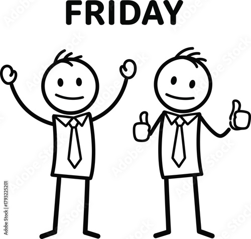 Two happy stick figures celebrating friday with raised arms and thumbs up conveying excitement and relief at the end of the work week