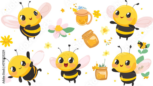 Happy cartoon bee set with honey, flower, and funny insect characters