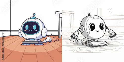 Cute Cleaning Robot Vector Illustration: Split Design