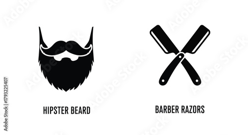 Black and white illustration of a beard mustache and barber razors