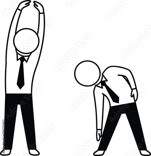 Two stylized business people in silhouette performing side stretches to improve flexibility and relieve office work strain