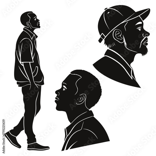 Black and white silhouette of a handsome man in various poses and expressions art