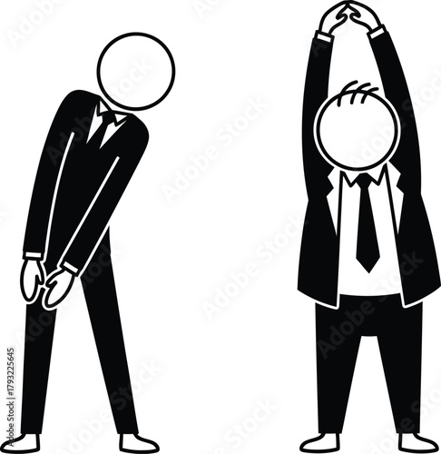 Two stylized businessmen in suits performing stretching exercises one bending sideways and the other reaching upwards with arms raised