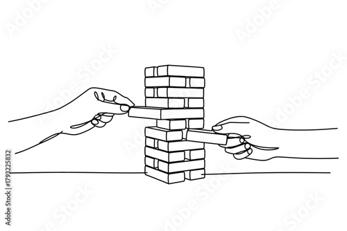 Two hands carefully removing wooden blocks from a tower, creating suspense and anticipation.