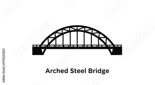 A simple black and white illustration of an arched steel bridge structure