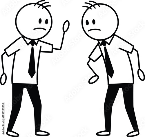 Two stick figure businessmen in suits arguing with angry expressions and one holding up a hand in a defensive or dismissive gesture