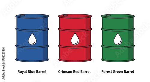 Three colorful oil drums in red green and blue are displayed