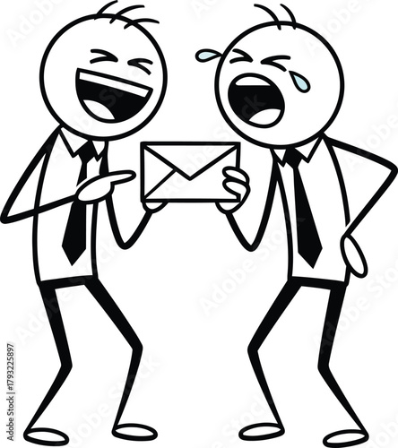 Two cartoon stick figures in business attire laughing hysterically while holding an envelope together in a humorous illustration