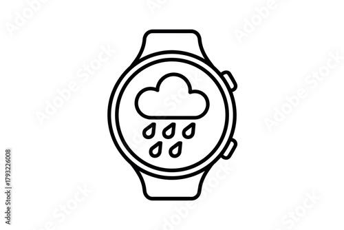 Smartwatch displays rain icon, suggesting weather forecast or outdoor activity planning.