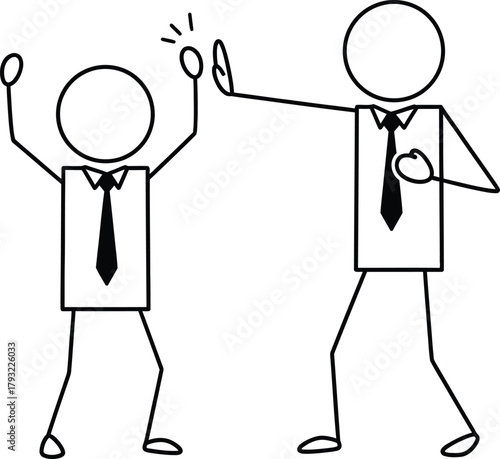 Two simple stick figure businessmen in suits with ties one celebrating success with raised arms the other stopping him