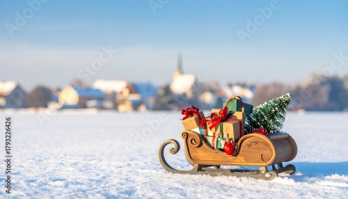 Santa sleigh toy moving through snow in village