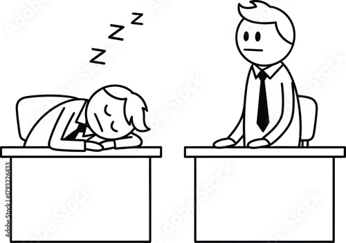 Cartoon illustration of a tired office worker sleeping at their desk while a colleague stands alert and awake nearby