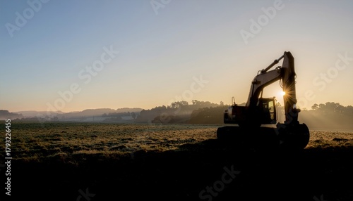 Excavator silhouette at sunset construction site