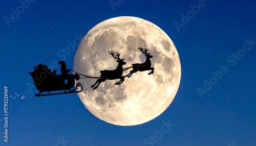 Silhouette of Santa Claus flying with reindeer across full moon