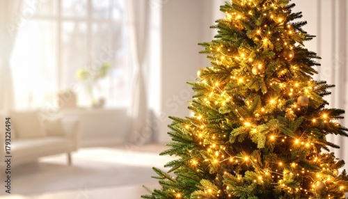 Golden lights on christmas tree branches close-up