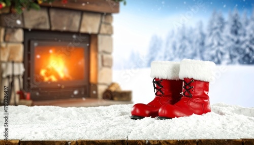 Red winter boots by fireplace in cozy living room