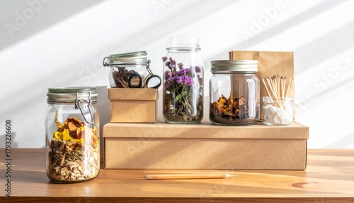 Glass jars with granola and nuts on wooden tray