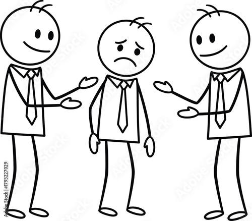 Two happy stick figures offering comfort and support to a sad and lonely stick figure in a business setting