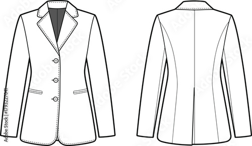 Fashion flat sketch of women’s tailored blazer jacket front and back view vector illustration for apparel design and garment production