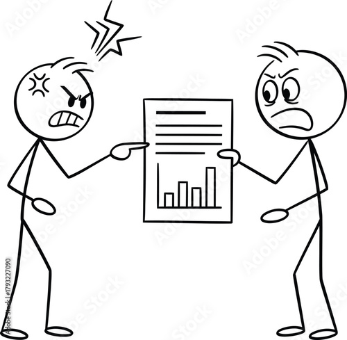 Two angry stick figures arguing intensely over a document showing a bar graph with negative financial results