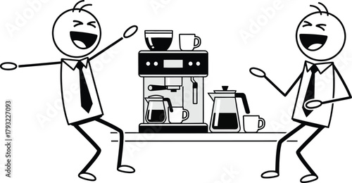 Two cartoon businessmen in suits joyfully celebrating with a coffee machine and french press on a table