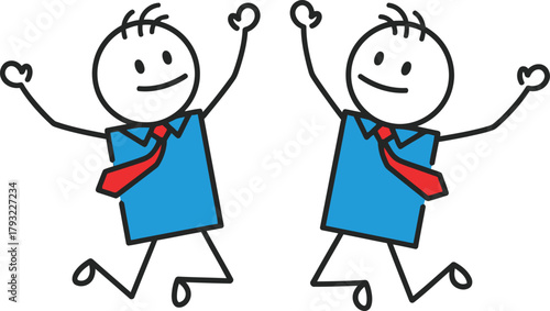 Two cheerful stick figures wearing blue shirts and red ties jumping with arms raised in celebration and excitement against a white background