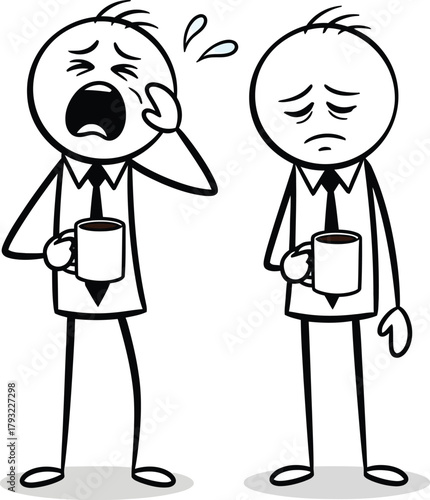 Two stick figure businessmen in suits holding coffee cups one crying and looking exhausted the other looking sad and dejected