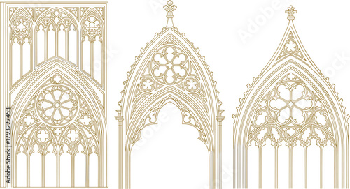 Gothic cathedral window designs, ornate medieval architecture elements, detailed tracery arches, vintage church window illustration, historical decorative frame pattern collection