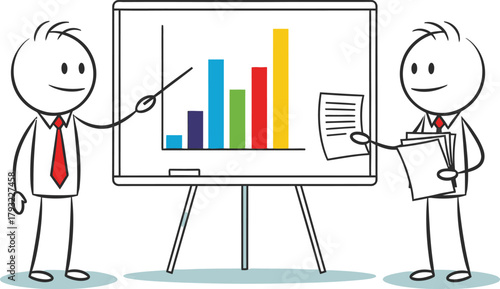 Two cartoon business people presenting a colorful bar graph chart on a whiteboard during a meeting or seminar