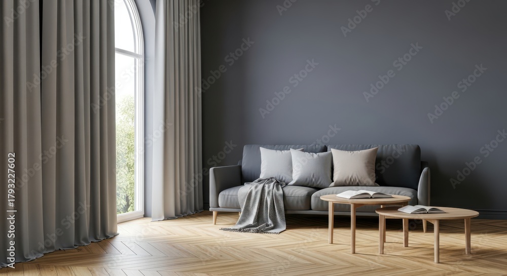 Fototapeta premium Modern living room with gray sofa, coffee tables, and large window with gray curtains, showcasing a minimalist and cozy interior design