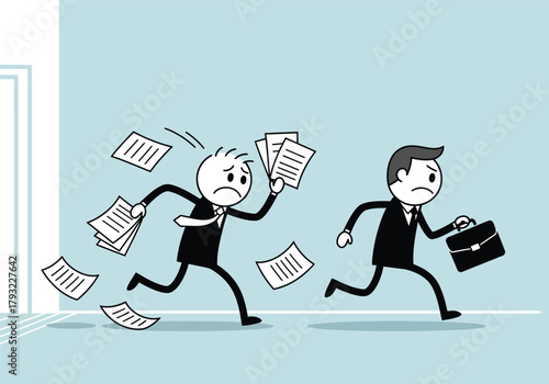 Two cartoon businessmen running frantically one dropping papers the other carrying a briefcase symbolizing stress and deadlines