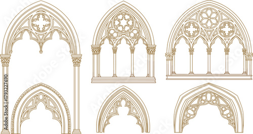 Vintage Gothic window arch designs, medieval cathedral architecture elements, decorative tracery patterns, ornate church frame illustration, historical architectural ornament collection