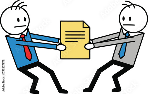 Two stick figures in business attire tug of war over a document representing conflict and disagreement